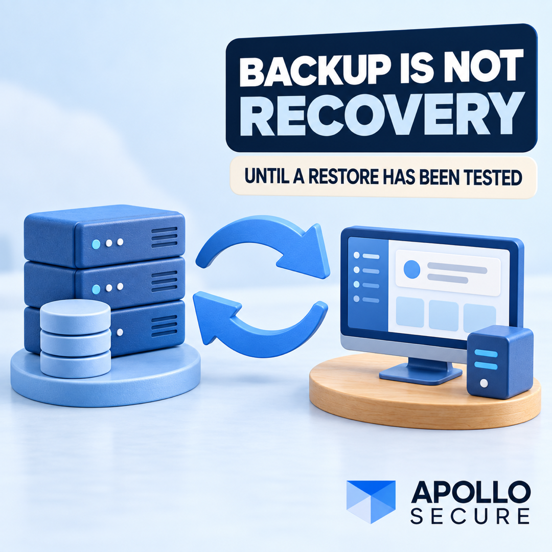 Tactile illustration of backup servers and circular recovery arrows pointing to a restored working system