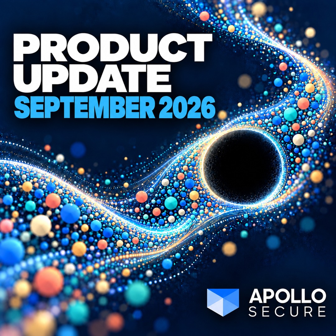 Expressive blue data artwork for Apollo Secure’s September 2026 product update
