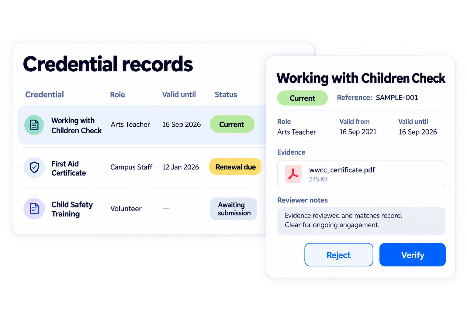 Simplified illustrative verify records and preserve history workflow with fictional sample data