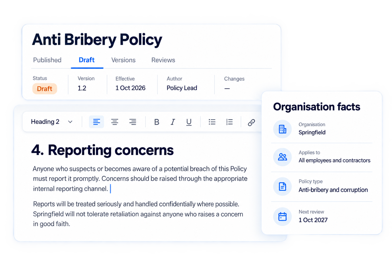 Simplified illustrative create and update policy content workflow with fictional sample data