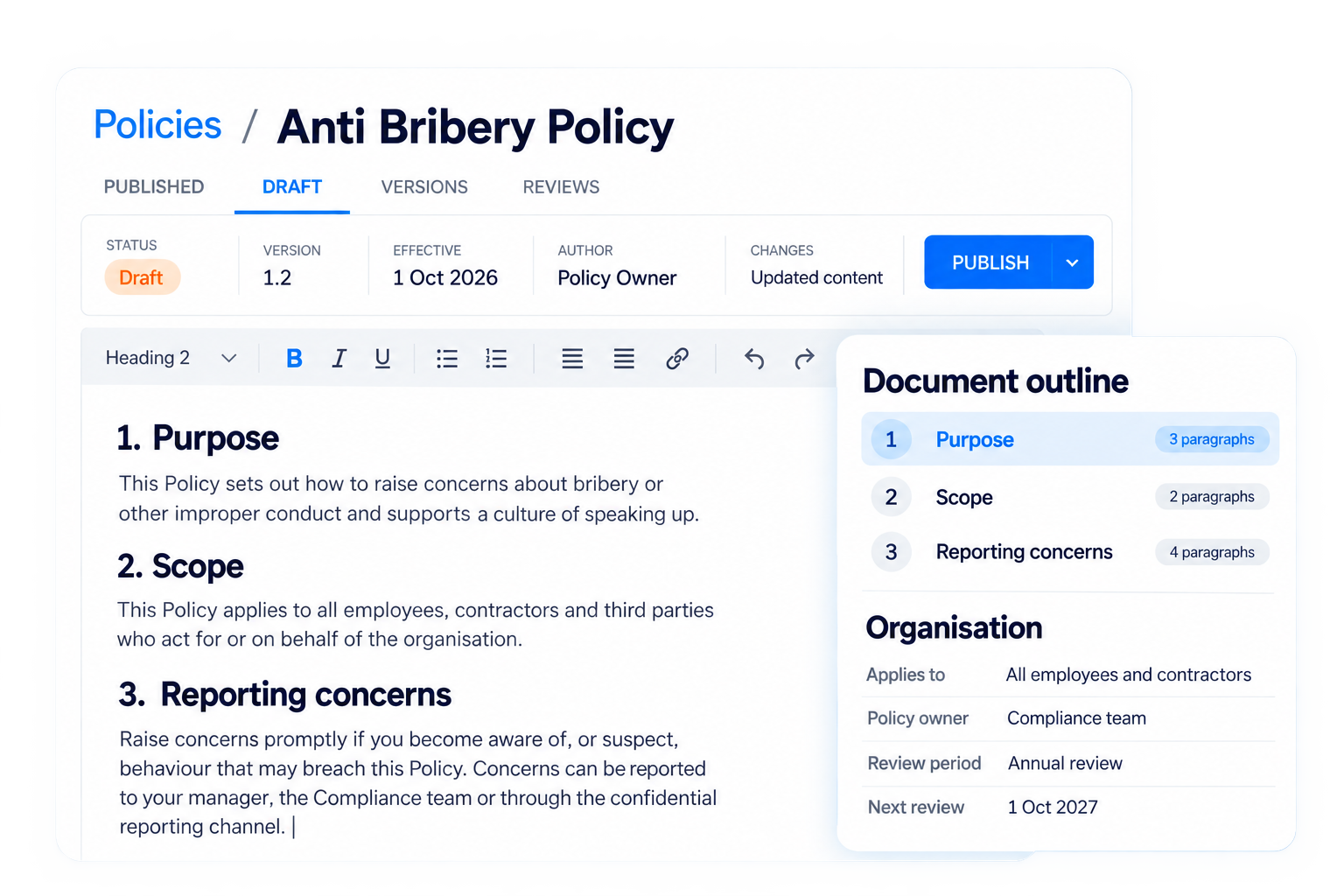 Simplified illustrative policy authoring workflow with fictional sample data
