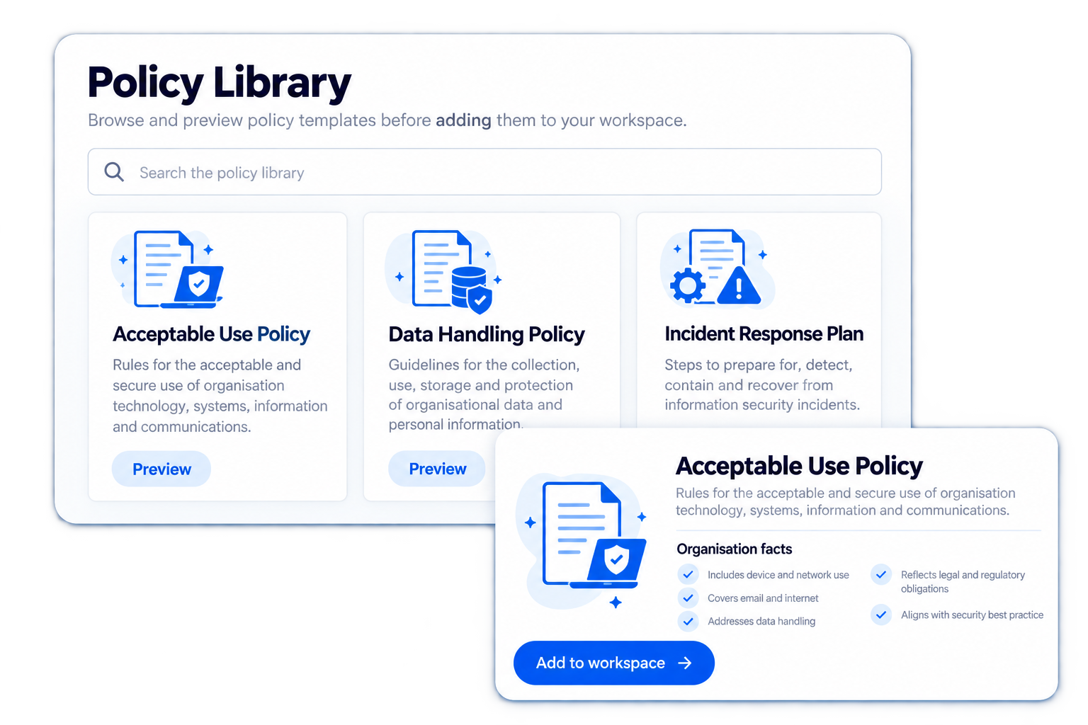 Simplified illustrative policy library workflow with fictional sample data