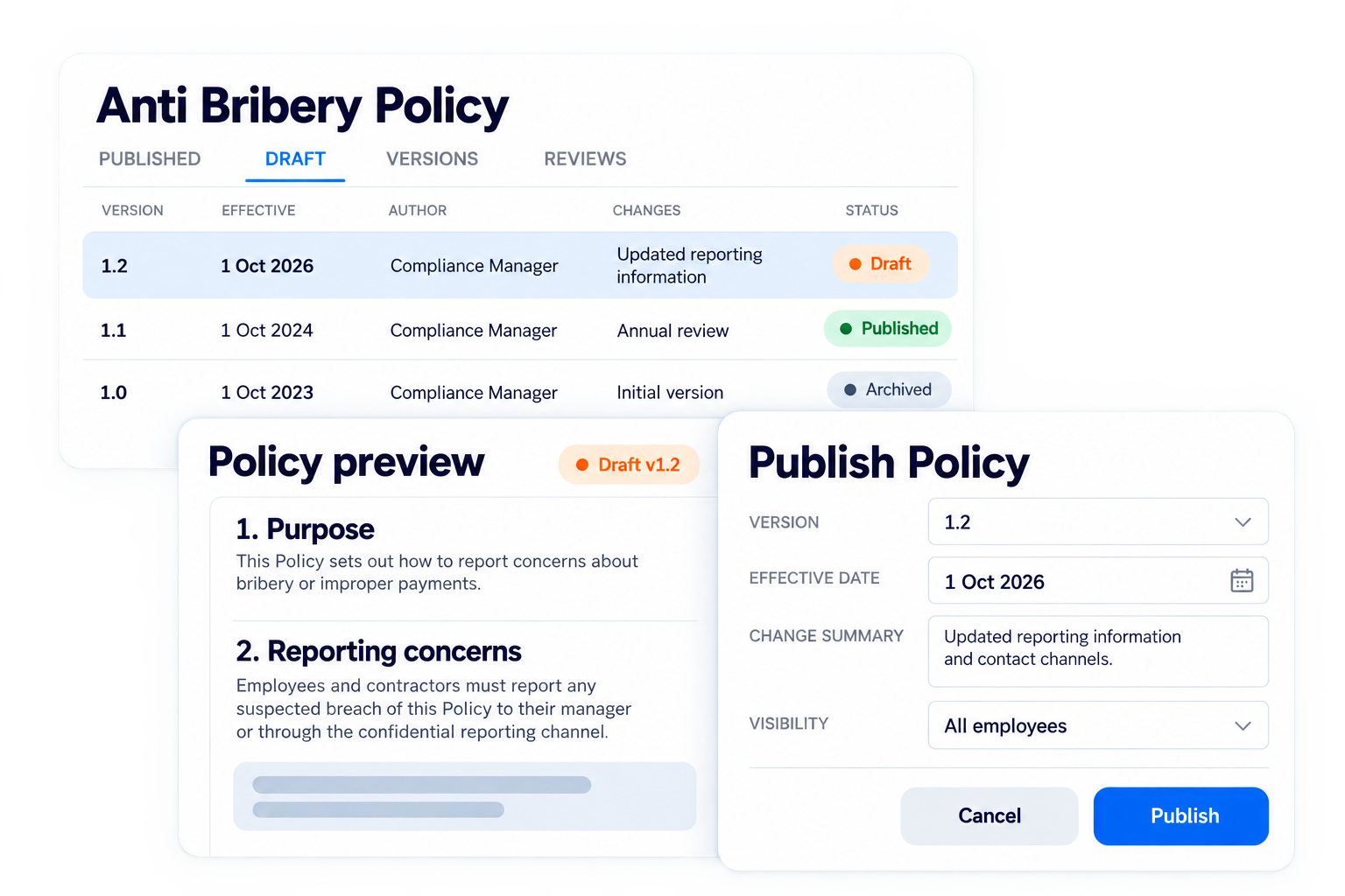 Simplified illustrative publish the approved version workflow with fictional sample data