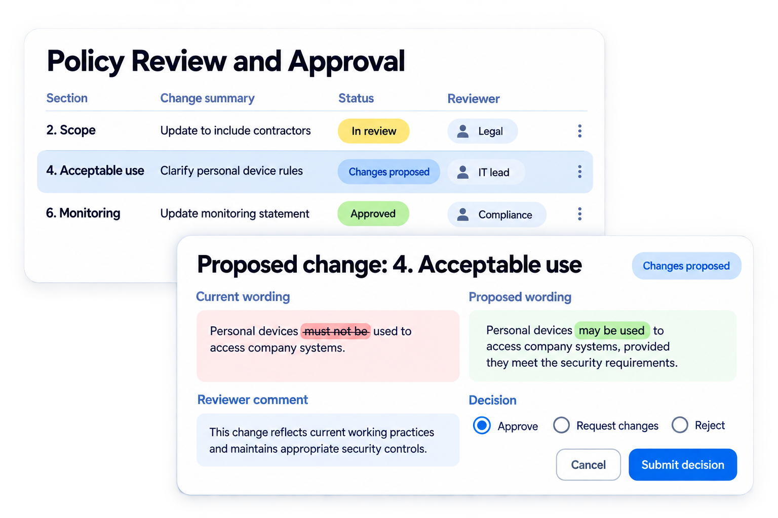Simplified illustrative resolve proposed changes workflow with fictional sample data