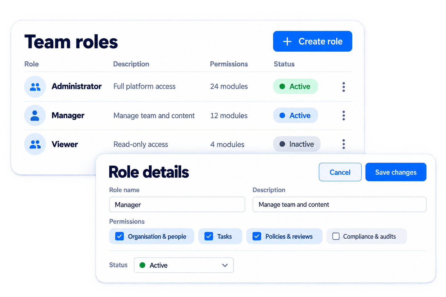 Simplified illustrative role-based access workflow with fictional sample data