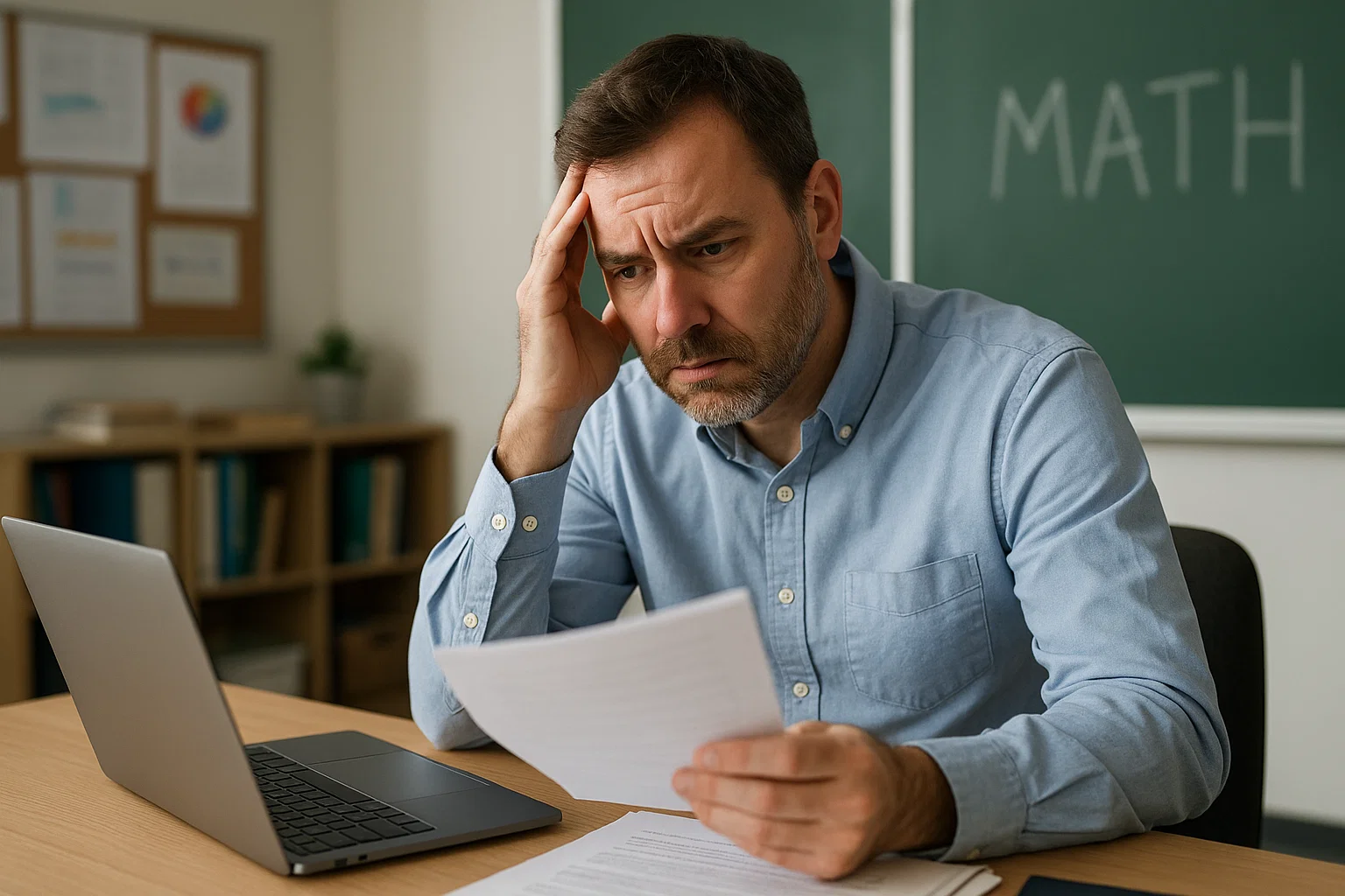 Concerned teacher reviewing cyber risk and compliance requirements