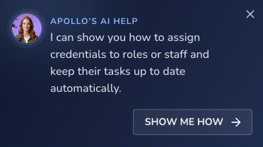 Apollo AI help guide offering to show how credential requirements work