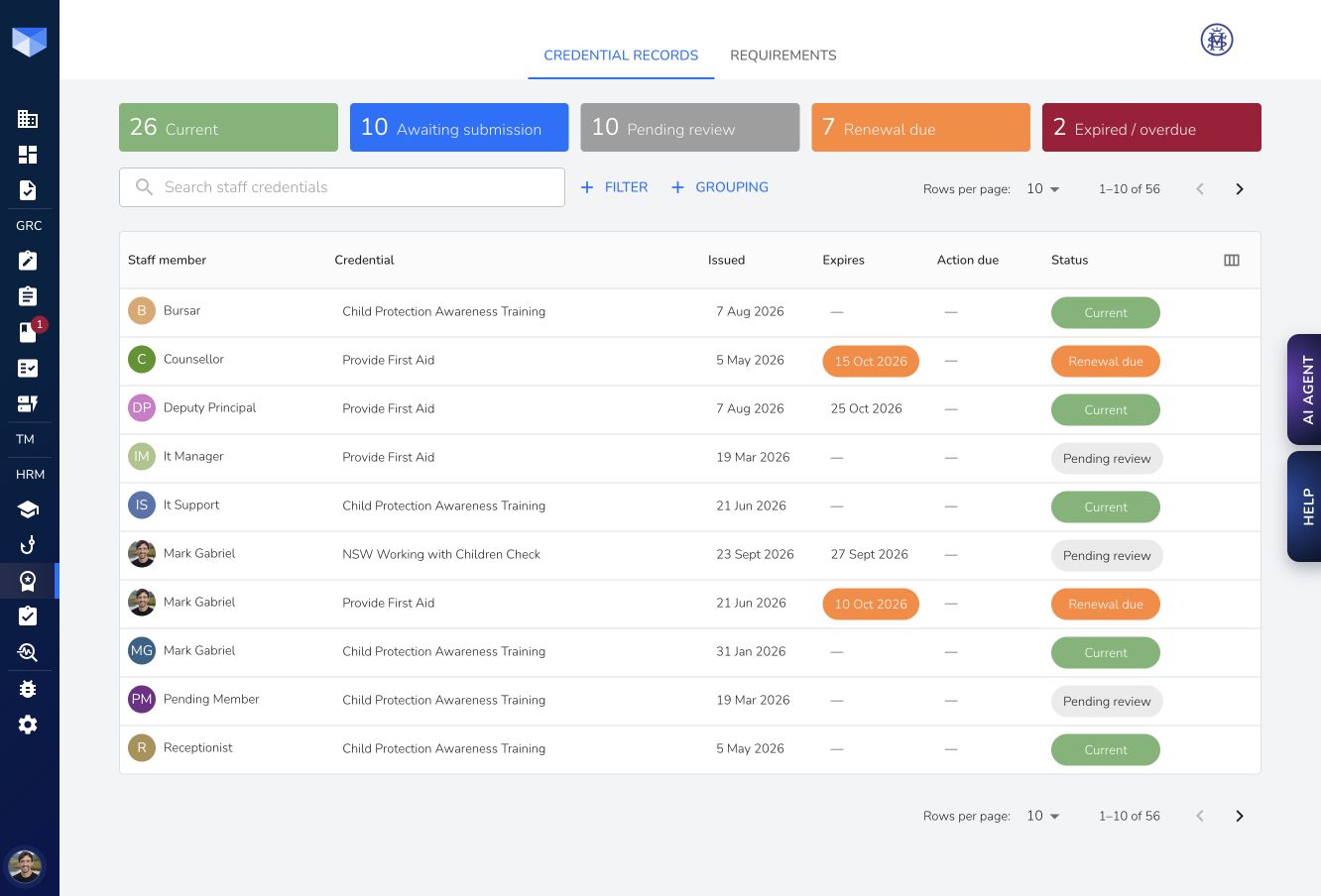 Apollo Secure staff credential records and renewal status