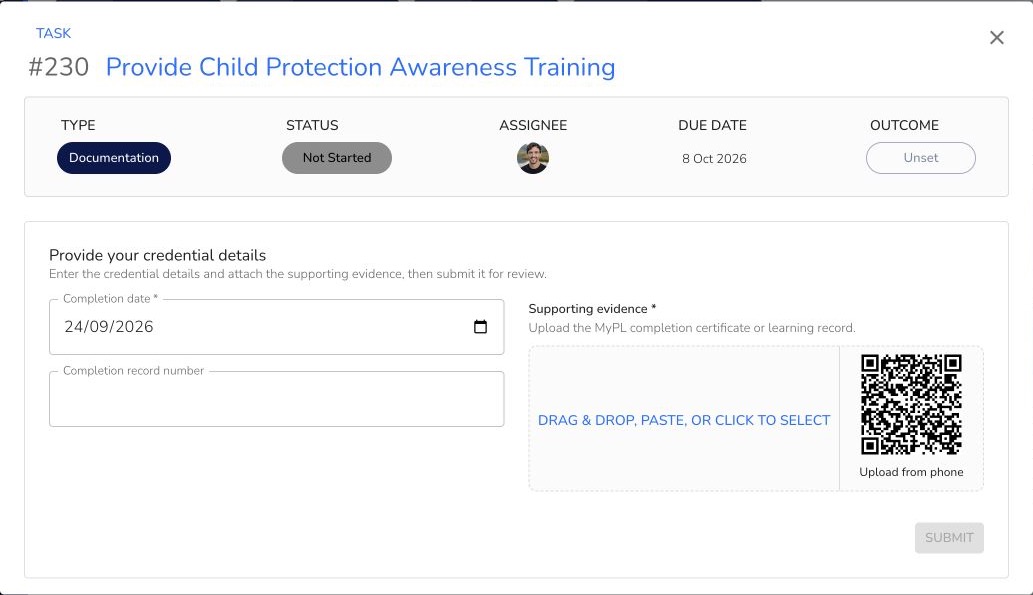 Apollo task form for submitting credential details and supporting evidence