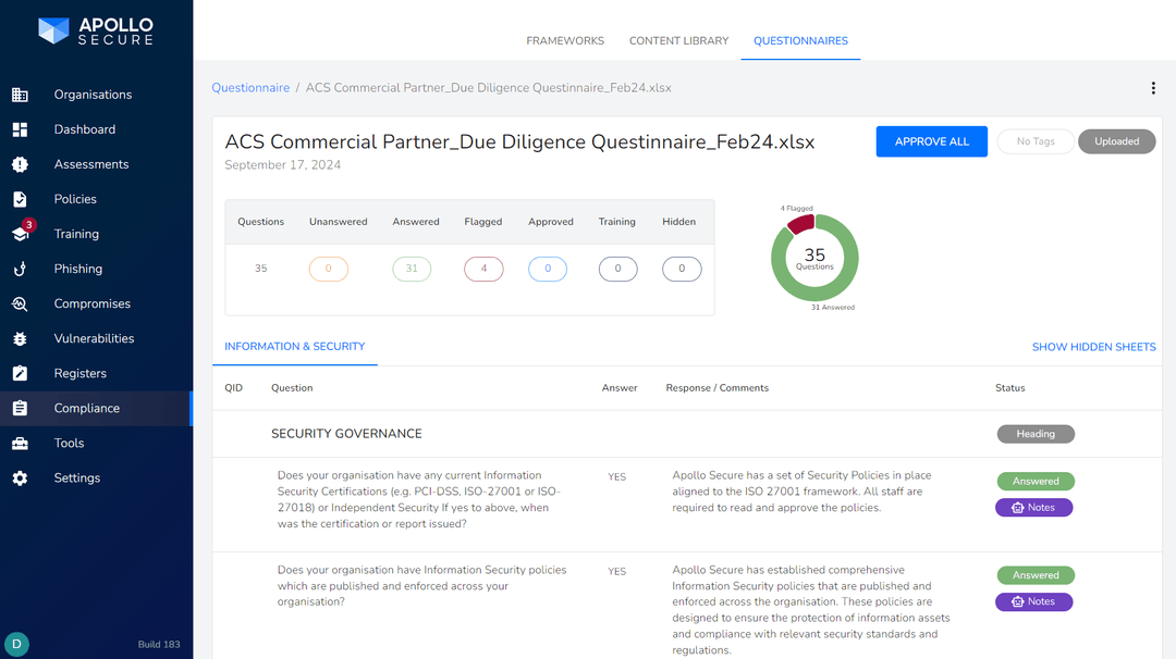 Apollo Secure questionnaire automation interface